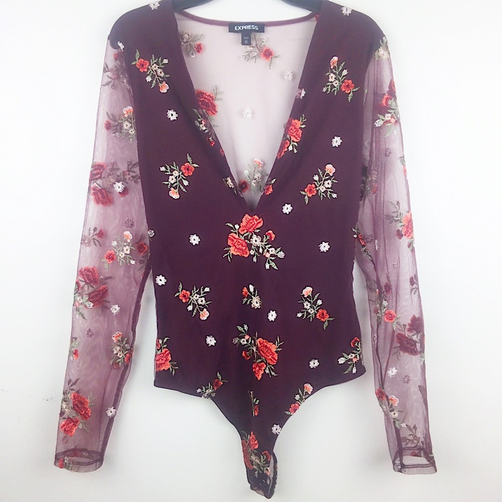 Express Embroidered Floral Thong Bodysuit